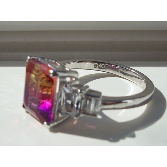 925 STERLING SILVER Emerald Cut Gradient Cubic Zirconia Ring - Picture 12 of 16